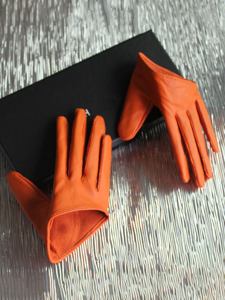 Fashion Women's Leather Half Palm Gloves Ultra Short Sheepskin Gloves Orange Clothing Accessories Autumn New