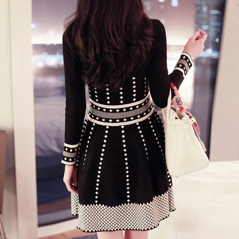 Winter Autumn Lady Fashion Plaid  A Line Knitting Mini Short Dress Slim Fit Above Kneed Knitted Dresses Vestidos Casual