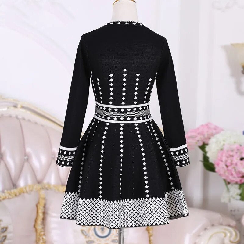 Winter Autumn Lady Fashion Plaid  A Line Knitting Mini Short Dress Slim Fit Above Kneed Knitted Dresses Vestidos Casual