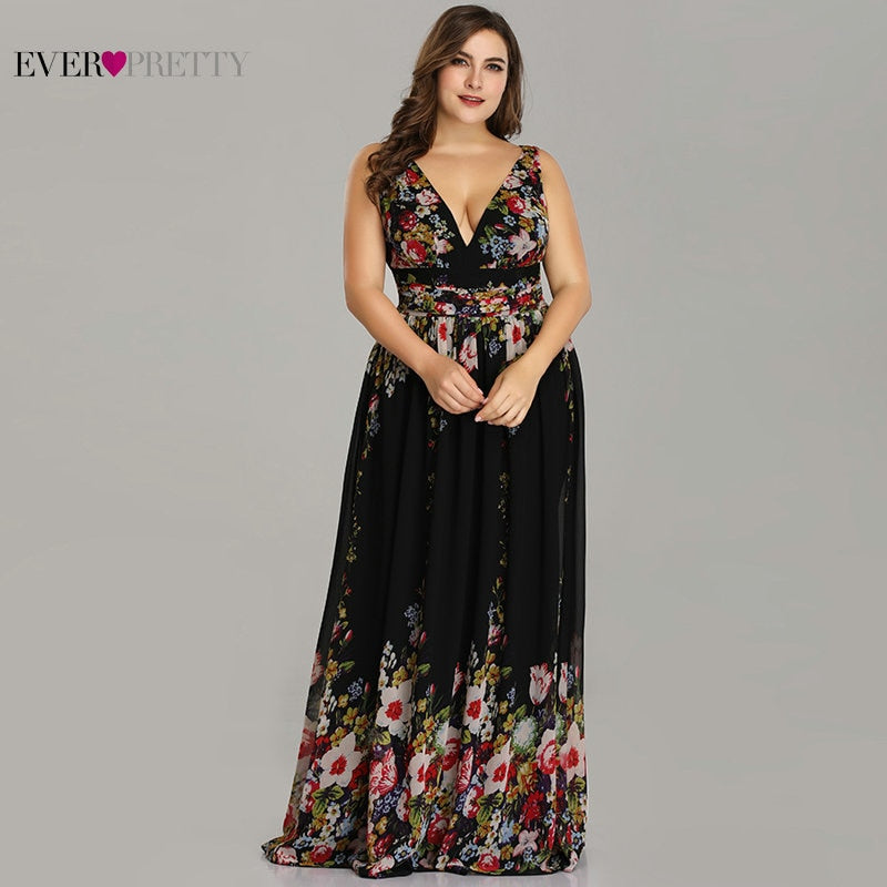 Sexy Double V-neck Sleeveless Black Long Flower Print Chiffon Formal Evening Dress 2019 Ever Pretty EP09016 Formal Gowns