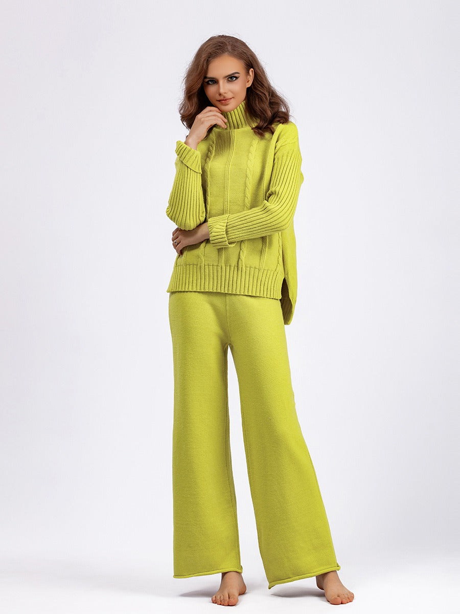 High-end half-turtleneck sweater wide-leg pants suit for women autumn and winter knitted two-piece set