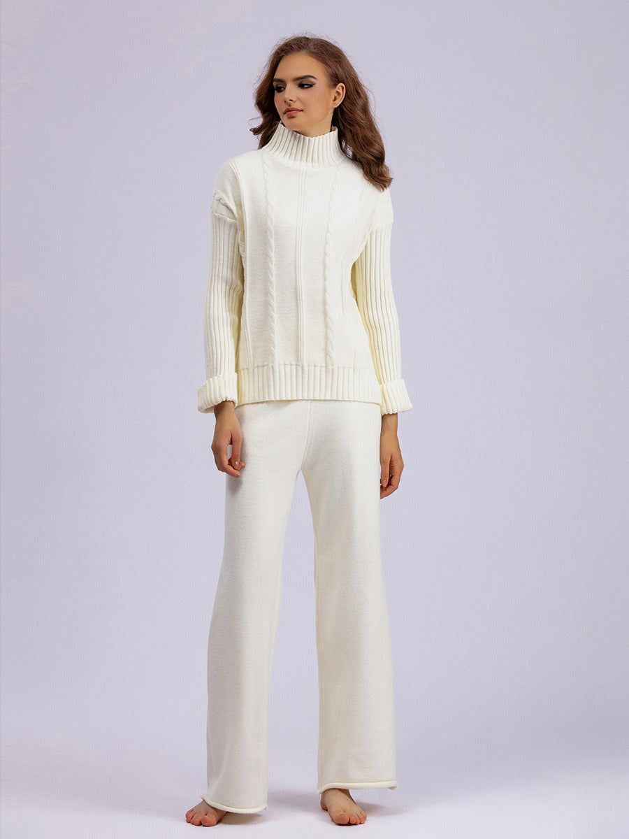 High-end half-turtleneck sweater wide-leg pants suit for women autumn and winter knitted two-piece set