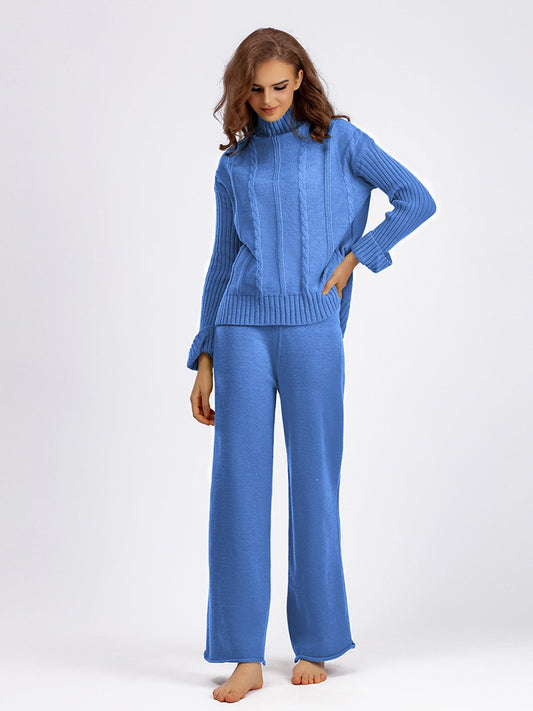 High-end half-turtleneck sweater wide-leg pants suit for women autumn and winter knitted two-piece set