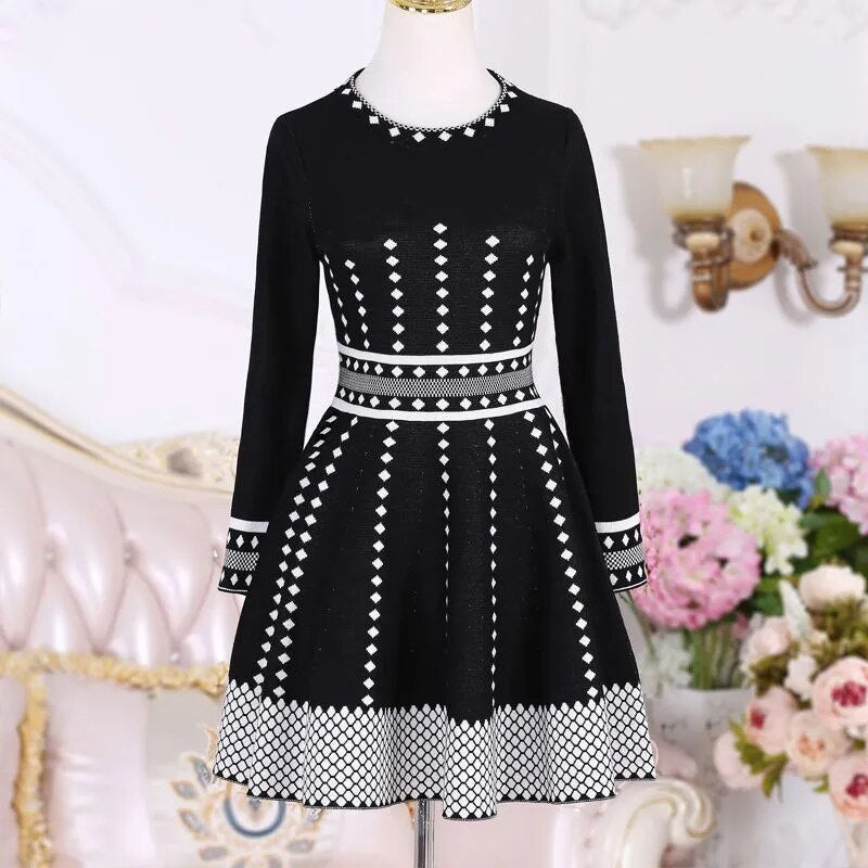 Winter Autumn Lady Fashion Plaid  A Line Knitting Mini Short Dress Slim Fit Above Kneed Knitted Dresses Vestidos Casual