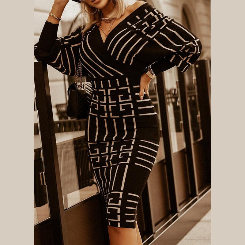 V-neck Geometric Bodycon Sweater Dress