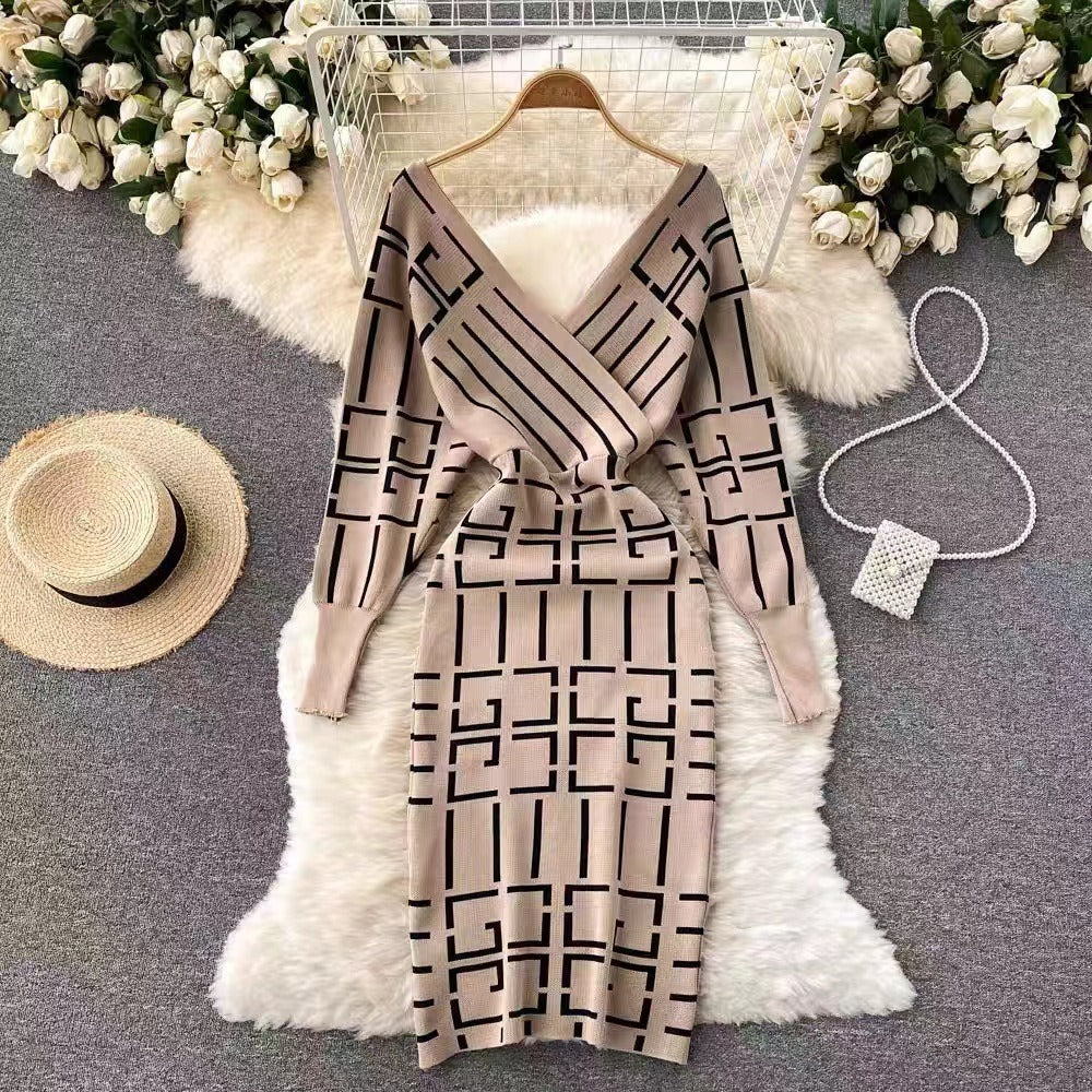 V-neck Geometric Bodycon Sweater Dress