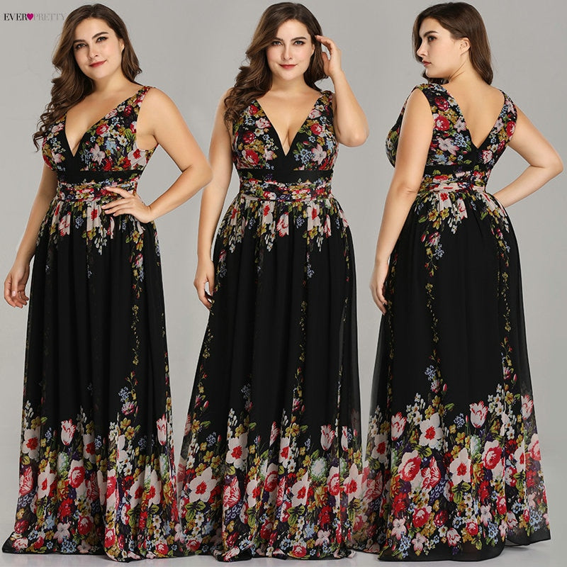 Sexy Double V-neck Sleeveless Black Long Flower Print Chiffon Formal Evening Dress 2019 Ever Pretty EP09016 Formal Gowns