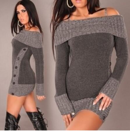 Winter Sweater Women Sexy Off Shoulder Color Block Sweater Dress Buttons Knitted Long Pullover Top