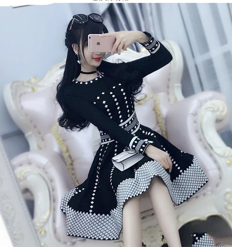 Winter Autumn Lady Fashion Plaid  A Line Knitting Mini Short Dress Slim Fit Above Kneed Knitted Dresses Vestidos Casual