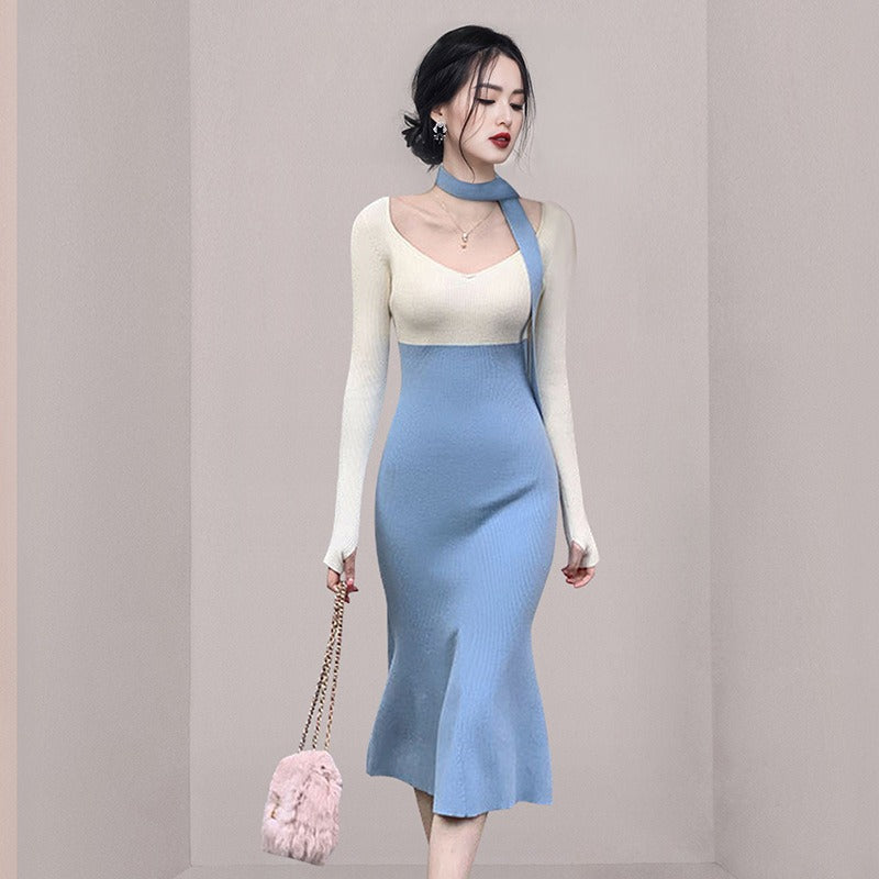 Elegant Color Patchwork Knitted Sweater Dress