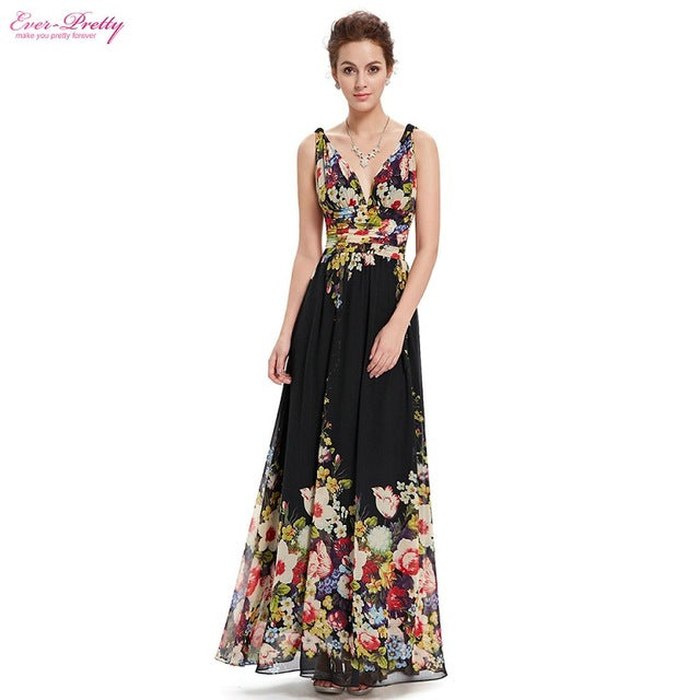 Sexy Double V-neck Sleeveless Black Long Flower Print Chiffon Formal Evening Dress 2019 Ever Pretty EP09016 Formal Gowns