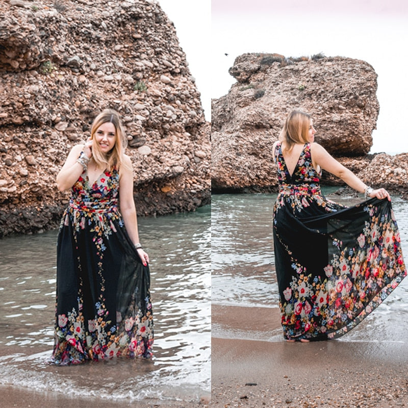 Sexy Double V-neck Sleeveless Black Long Flower Print Chiffon Formal Evening Dress 2019 Ever Pretty EP09016 Formal Gowns