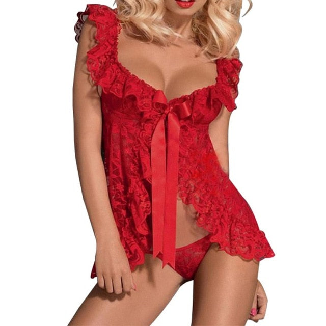 Sexy Lace Lingerie Dress Women Homewear Night Gowns + G-string Sexy Panties Nightwear Sleepwear Sets