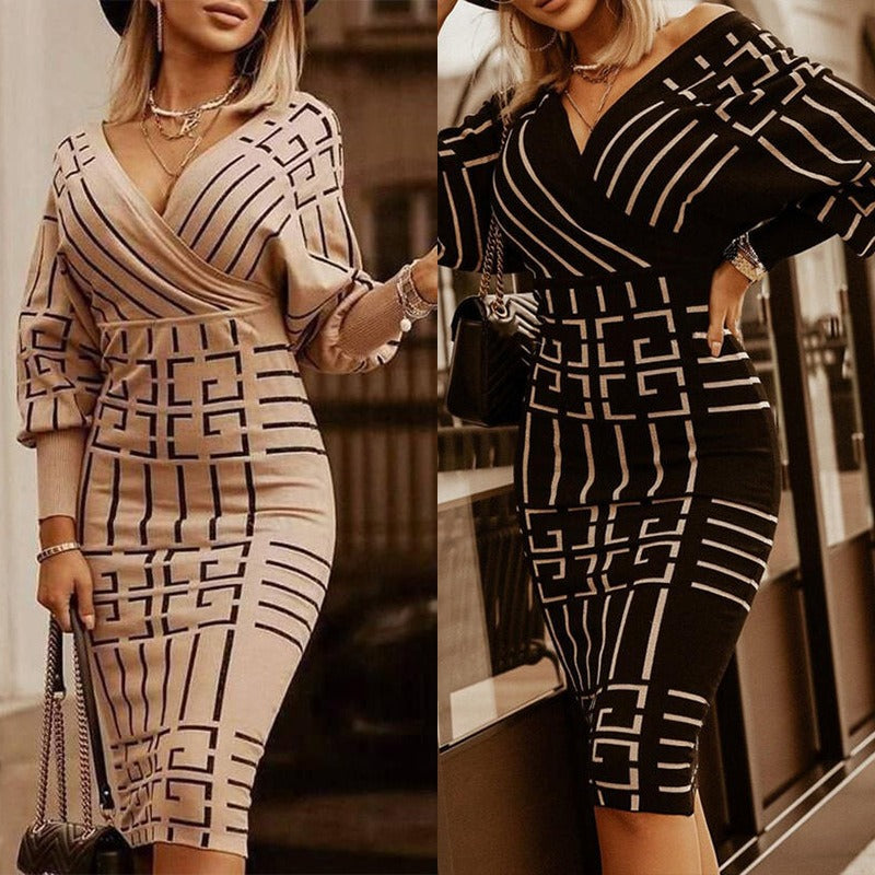 V-neck Geometric Bodycon Sweater Dress