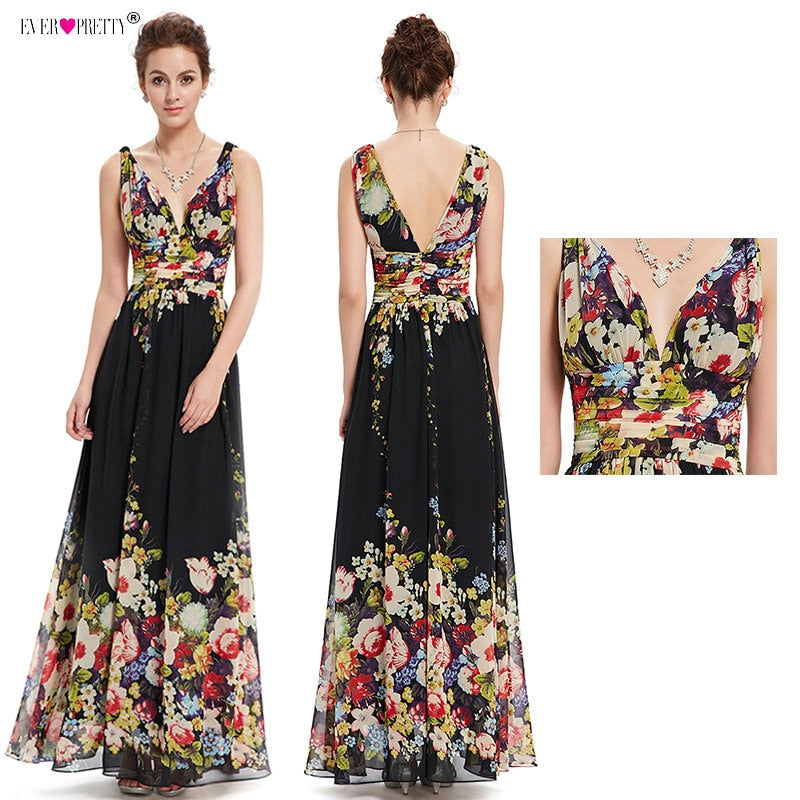 Sexy Double V-neck Sleeveless Black Long Flower Print Chiffon Formal Evening Dress 2019 Ever Pretty EP09016 Formal Gowns