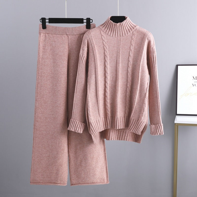 High-end half-turtleneck sweater wide-leg pants suit for women autumn and winter knitted two-piece set